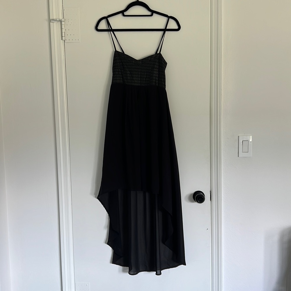 Black high to low dress with faux leather top